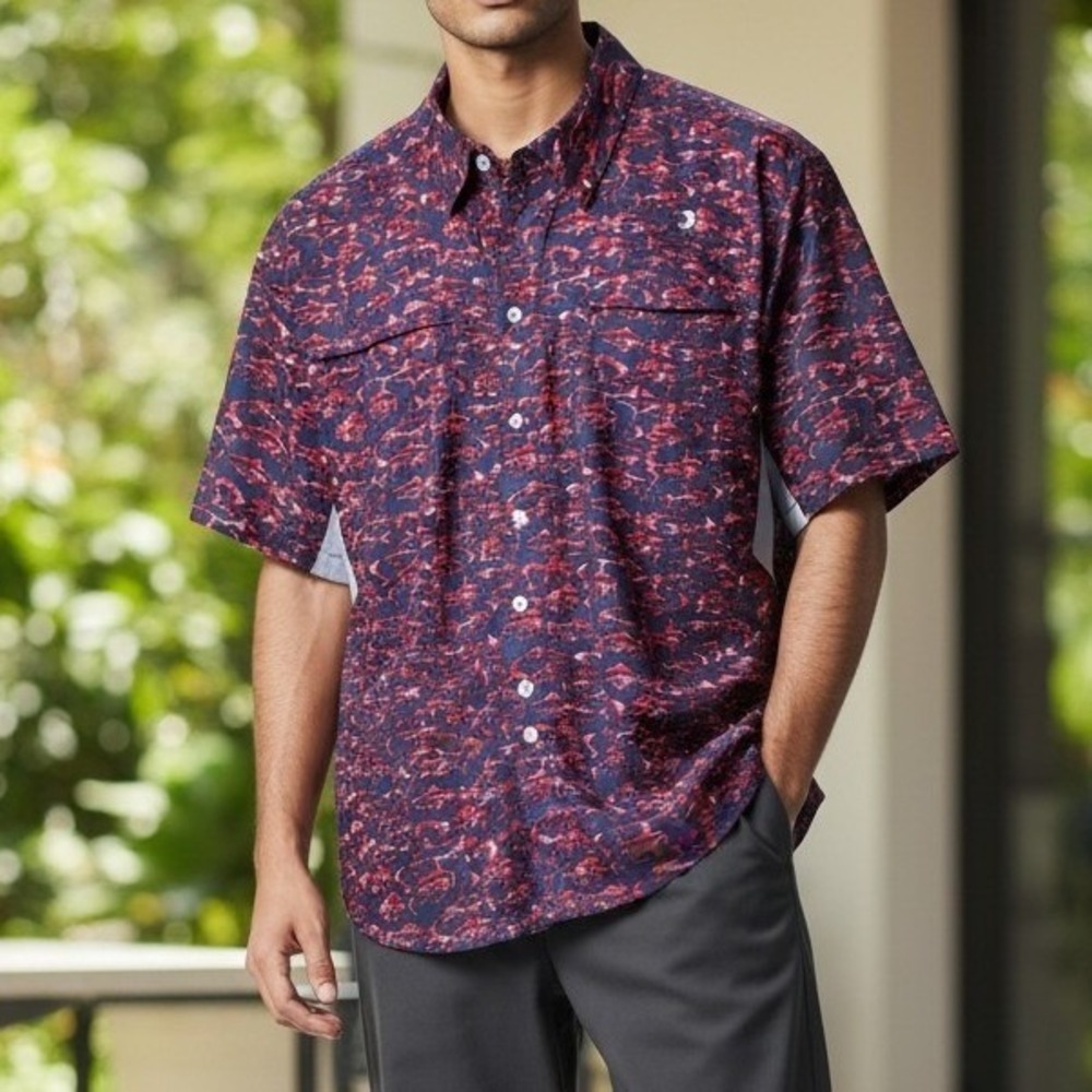 Reel Legends Mariner II Mens Medium Fishing Shirt Red Navy Fish Print Ventilated